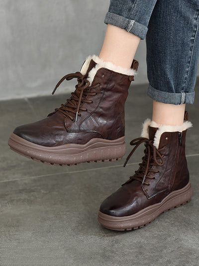 Women Retro Leather Solid Fleece-lined Platfrom Boots