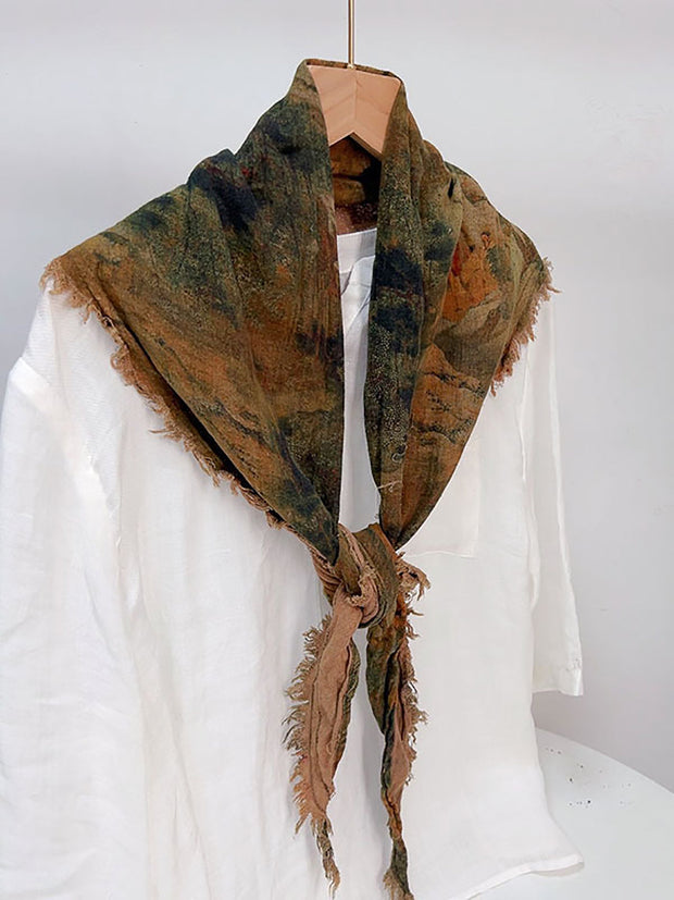 Women Vintage Flower Print Tassel Triangle Scarf
