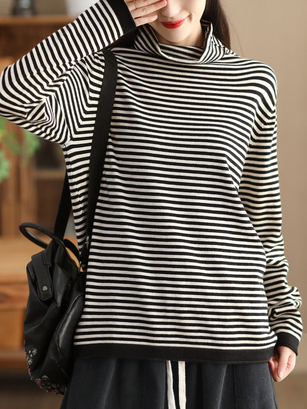 Women Casual Stripe Turtleneck Wool Warm Sweater