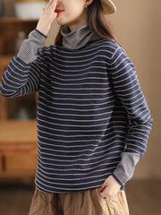 Women Casual Stripe Spliced Turtleneck Warm Sweatshirt