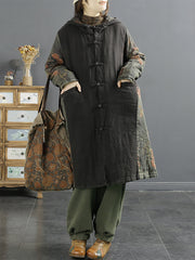 Women Retro Spliced Linen Hooded Padded Coat