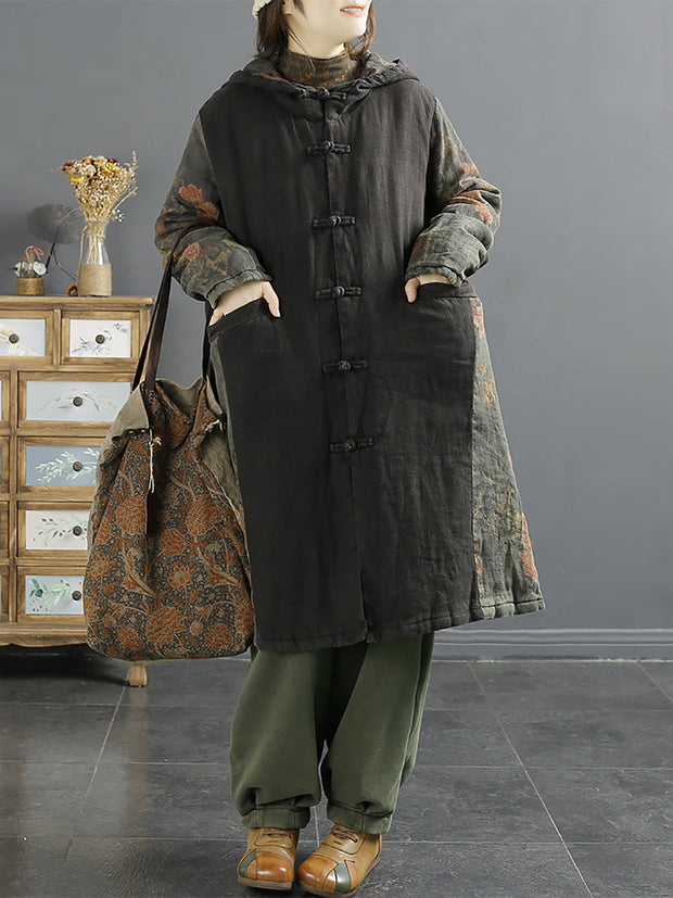Women Retro Spliced Linen Hooded Padded Coat