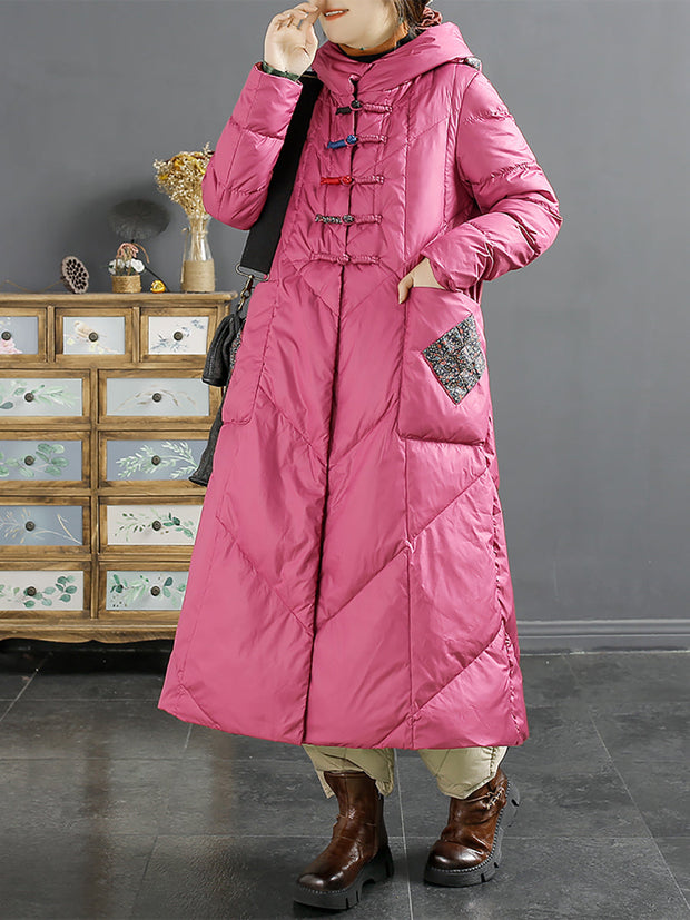 Women Ethnic Patch Spliced Long Hooded Down Coat