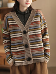 Women Vintage Colorful Stripe Jacqaurd Wool Sweater Coat