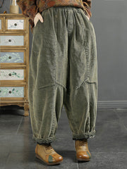 Women Retro Solid Corduroy Spliced Harem Pants
