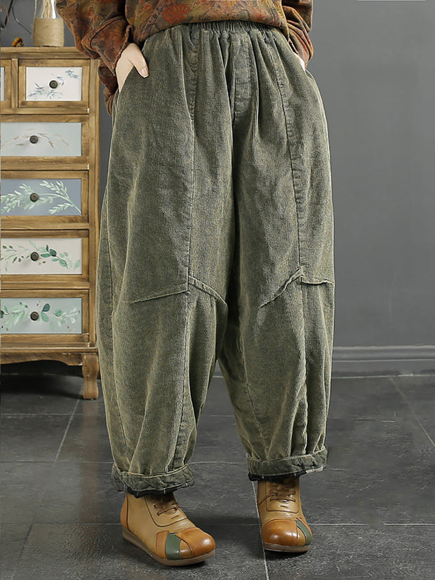 Women Retro Solid Corduroy Spliced Harem Pants