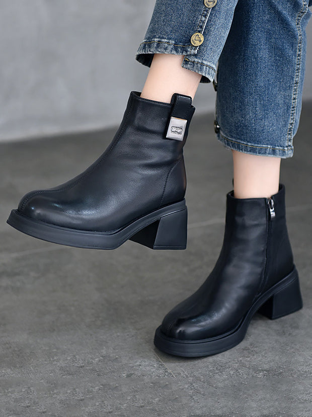 Women Winter Genuine Leather Chunky Heel Boots