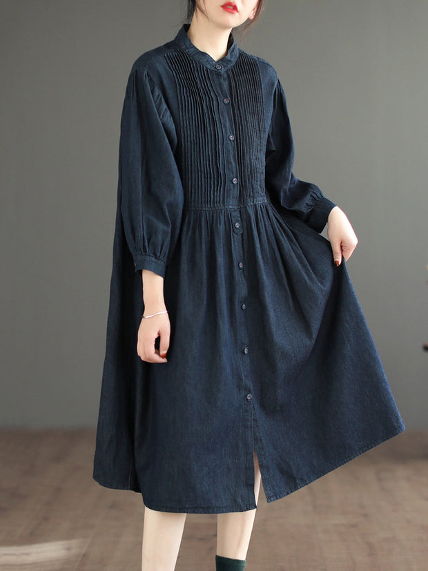 Women Vintage Solid Flod Loose Denim Dress