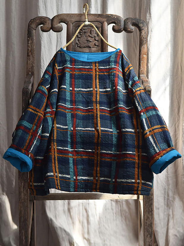 Women Winter Ethnic Floral Plaid Padded Coat
