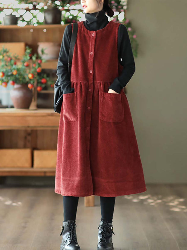 Women Vintage Corduroy Solid Button Vest Dress