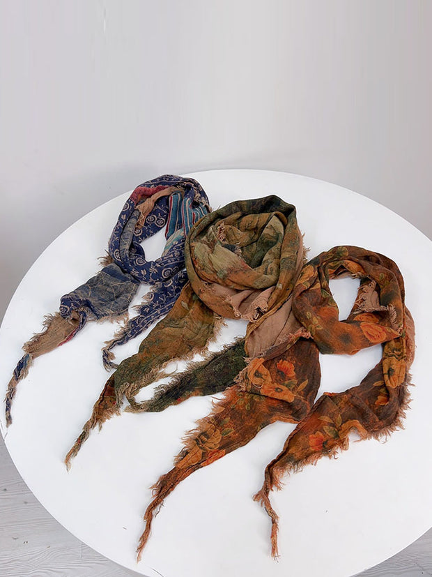 Women Vintage Flower Print Tassel Triangle Scarf