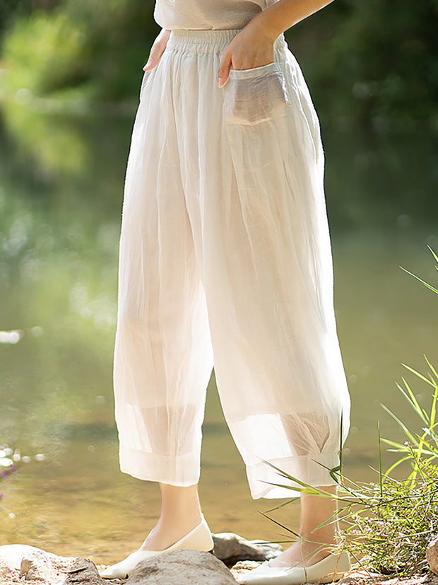 Ramie Summer Elastic Waist Loose Pants
