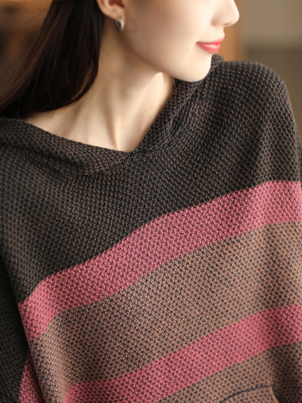 Women Vintage Spliced Knitted Pocket Hooded Sweater