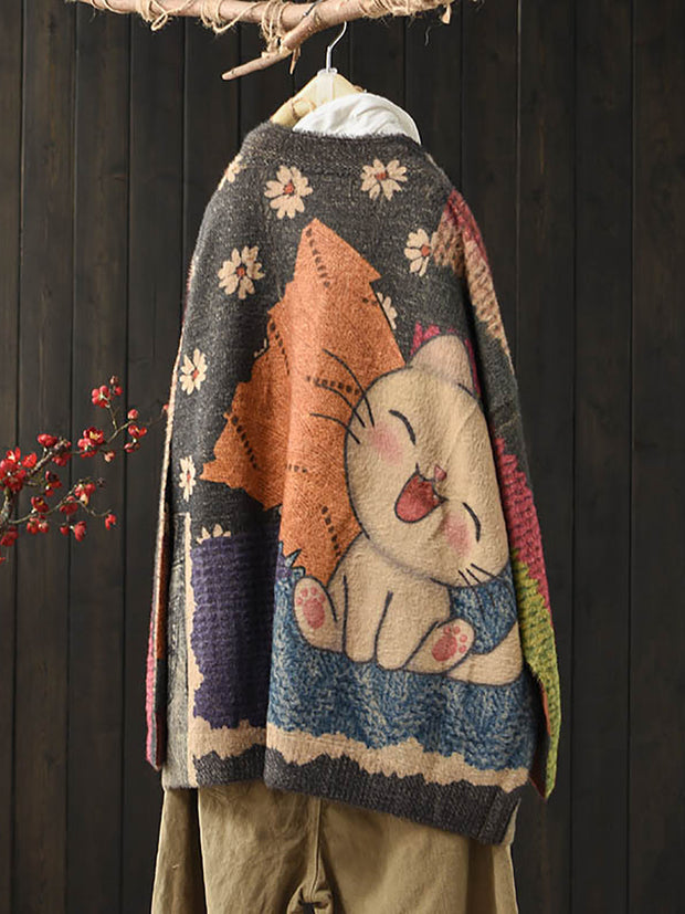 Women Autumn Flower Cat Knitted Warm Sweater