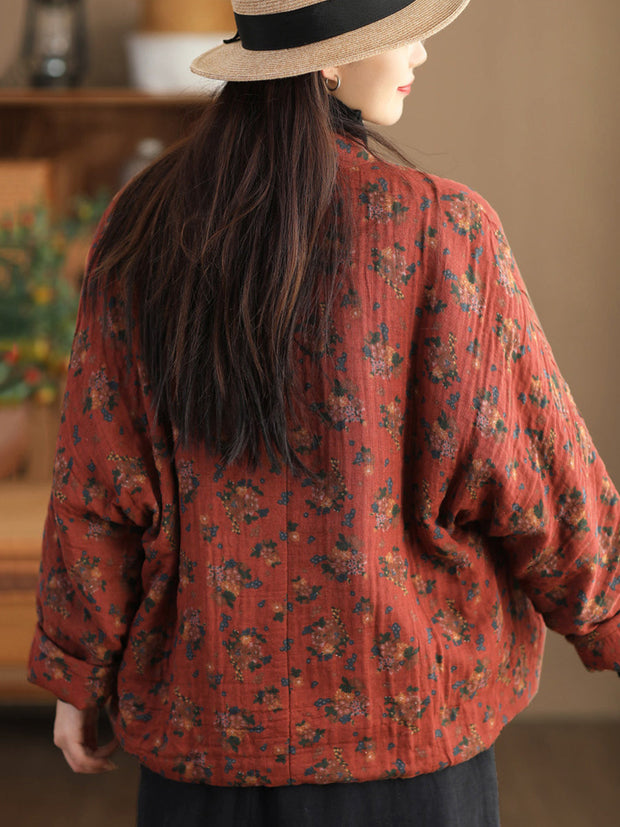Women Retro Floral V-neck Cotton Jacket