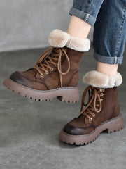 Women Vintage Leather Fleece-lined Platform Boots