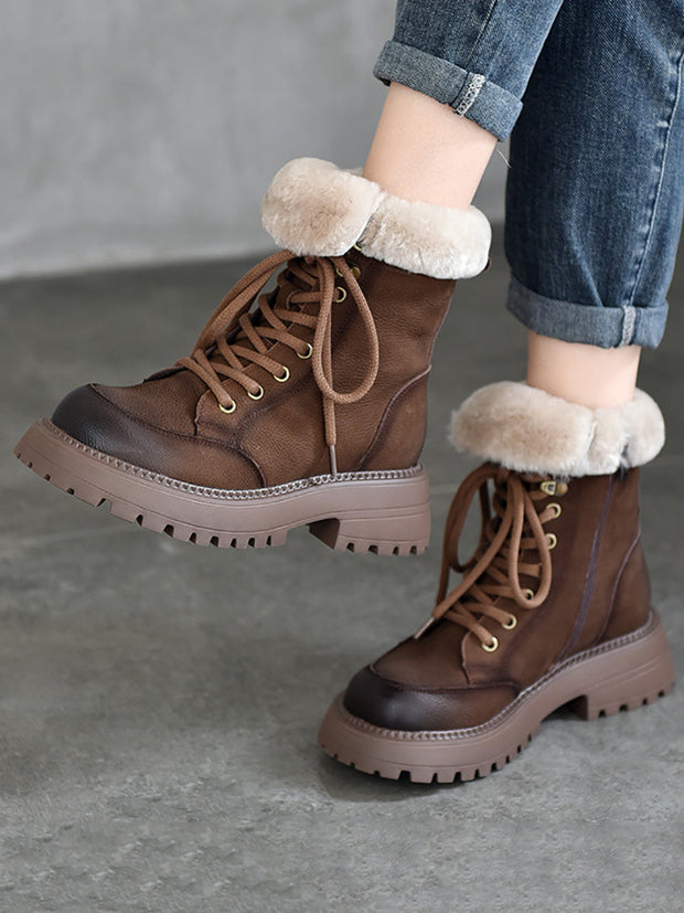 Women Vintage Leather Fleece-lined Platform Boots