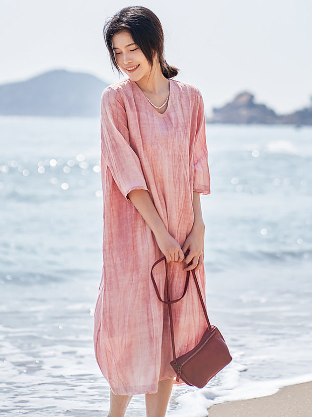 Women Casual Solid V-Neck Loose Linen Dress