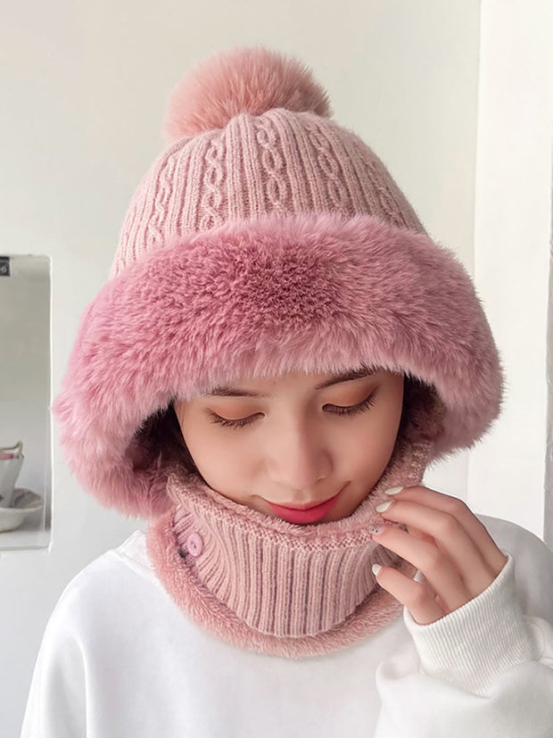 Women Winter Plush Spliced Knitted Scarf Hat