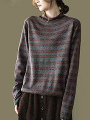 Women Vintage Floral Turtleneck Warm Pullover Sweater