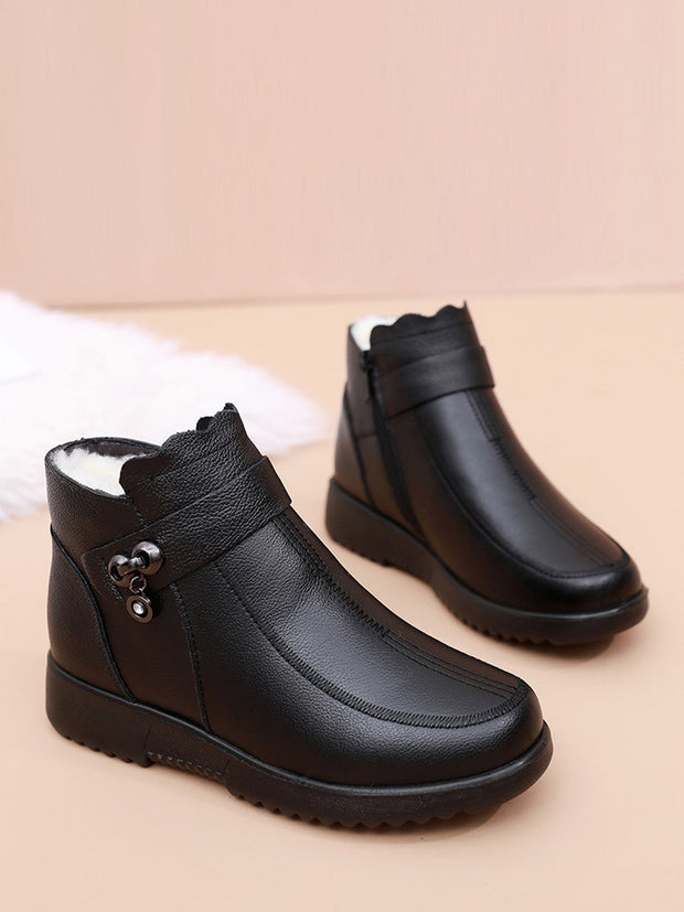 Women Winter Vintage Solid Leather Fleece-lined Boots