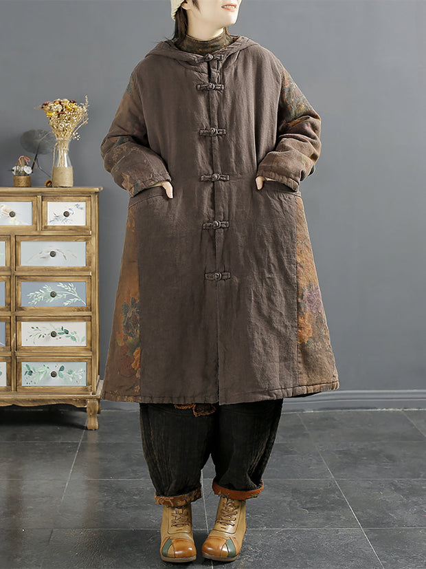 Women Retro Spliced Linen Hooded Padded Coat