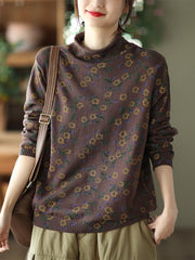 Women Retro Floral Turtleneck Knitted Sweater