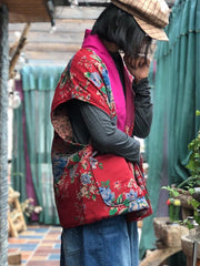 Women Vintage Floral Spliced V-neck Vest Coat
