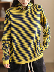 Women Casual Stripe Turtleneck Wool Warm Sweater