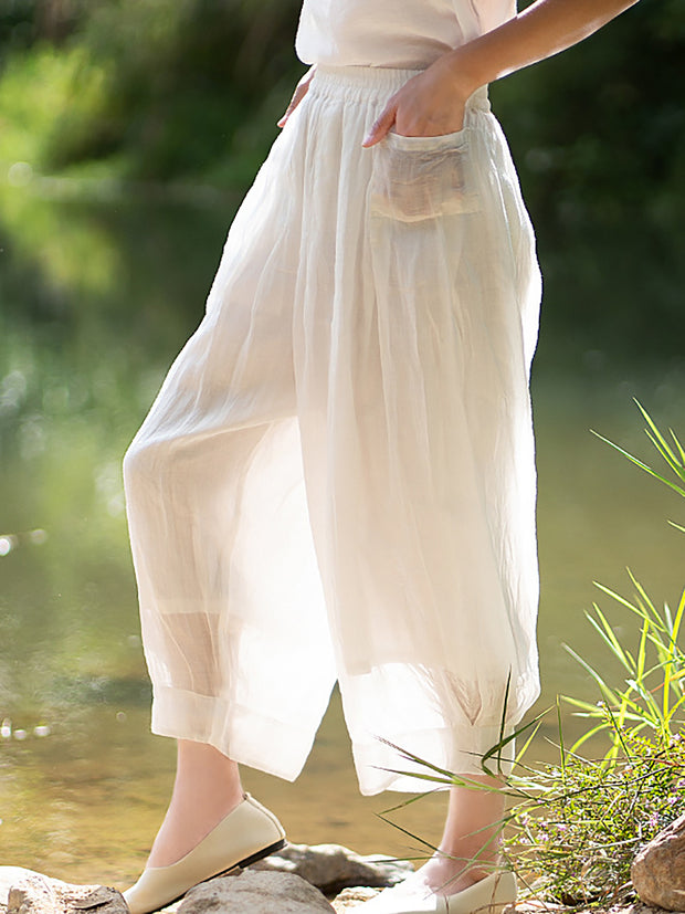 Ramie Summer Elastic Waist Loose Pants