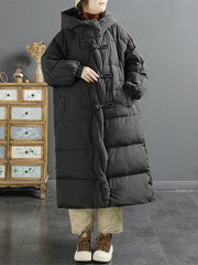 Women Vintage Solid Buckle Long Hooded Down Coat