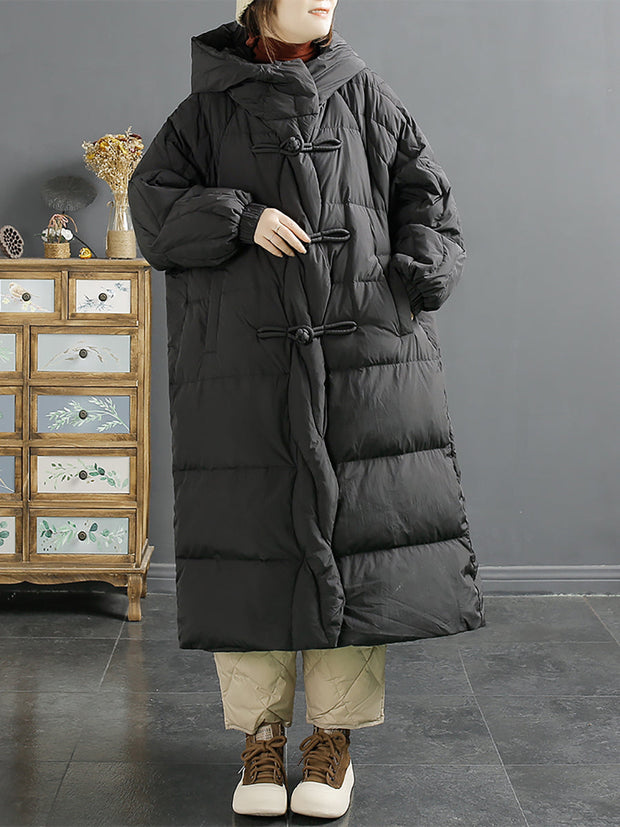 Women Vintage Solid Buckle Long Hooded Down Coat