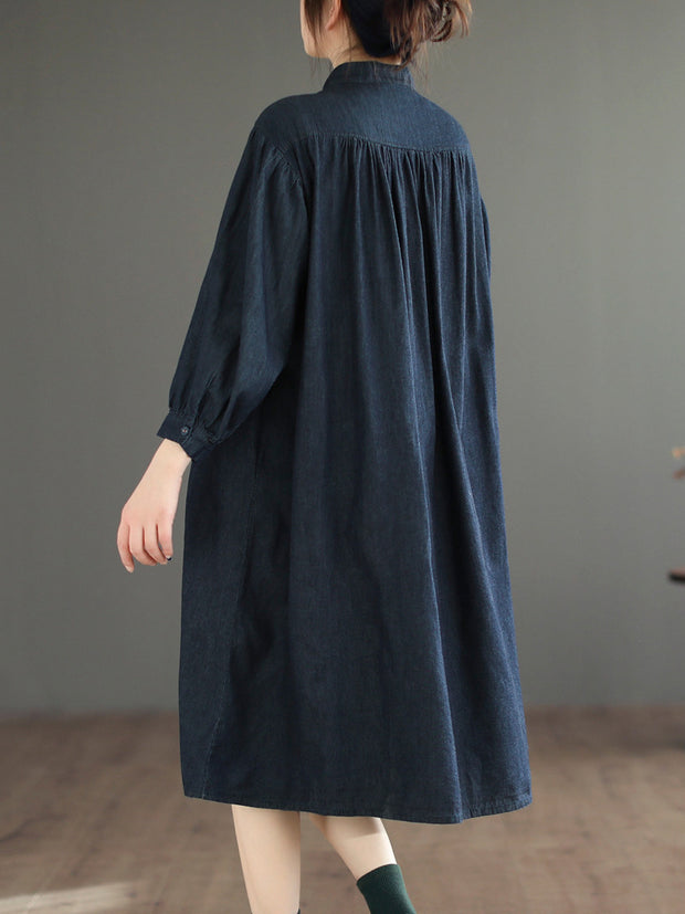 Women Vintage Solid Flod Loose Denim Dress