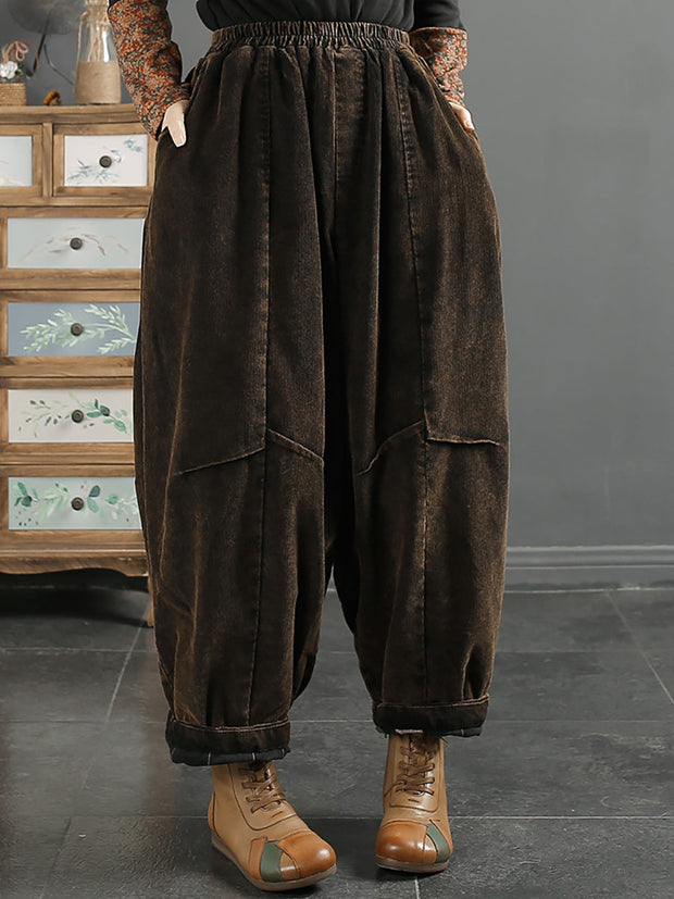Women Retro Solid Corduroy Spliced Harem Pants