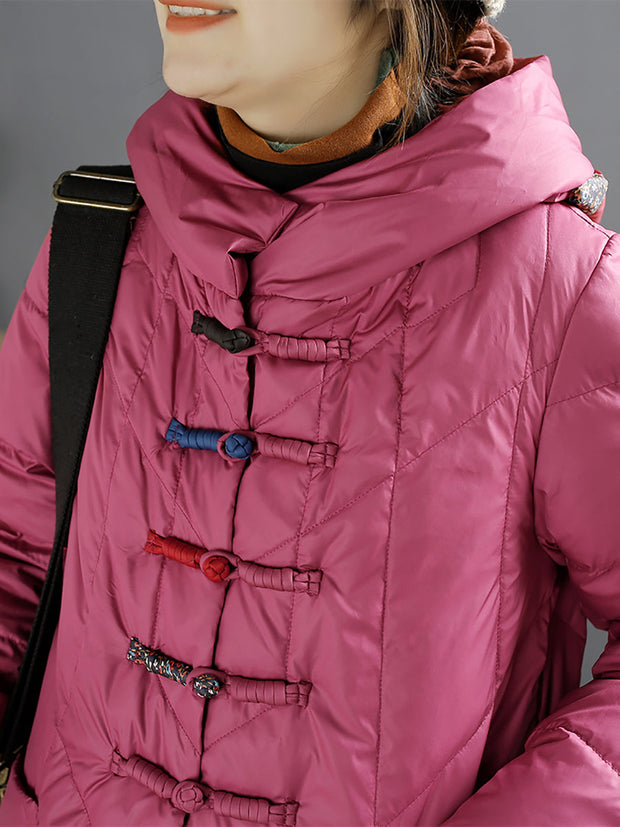 Women Ethnic Patch Spliced Long Hooded Down Coat