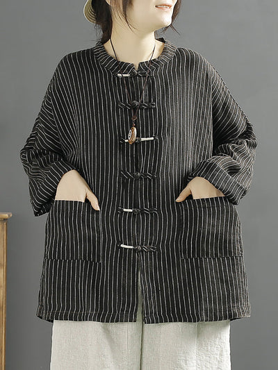 Women Spring Ethnic Stripe Loose Linen Shirt