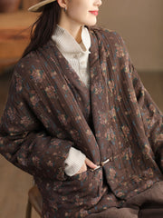 Women Retro Floral V-neck Cotton Jacket