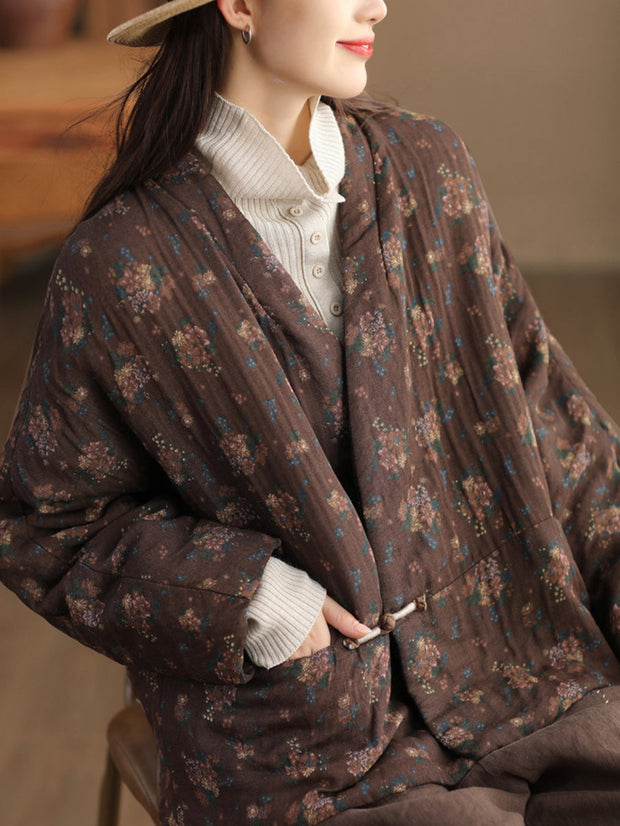 Women Retro Floral V-neck Cotton Jacket