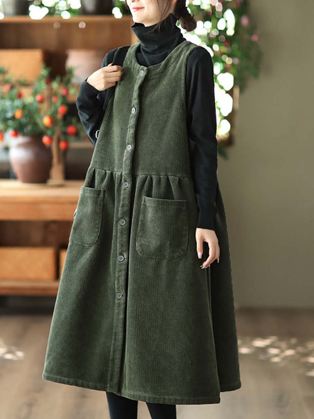 Women Vintage Corduroy Solid Button Vest Dress