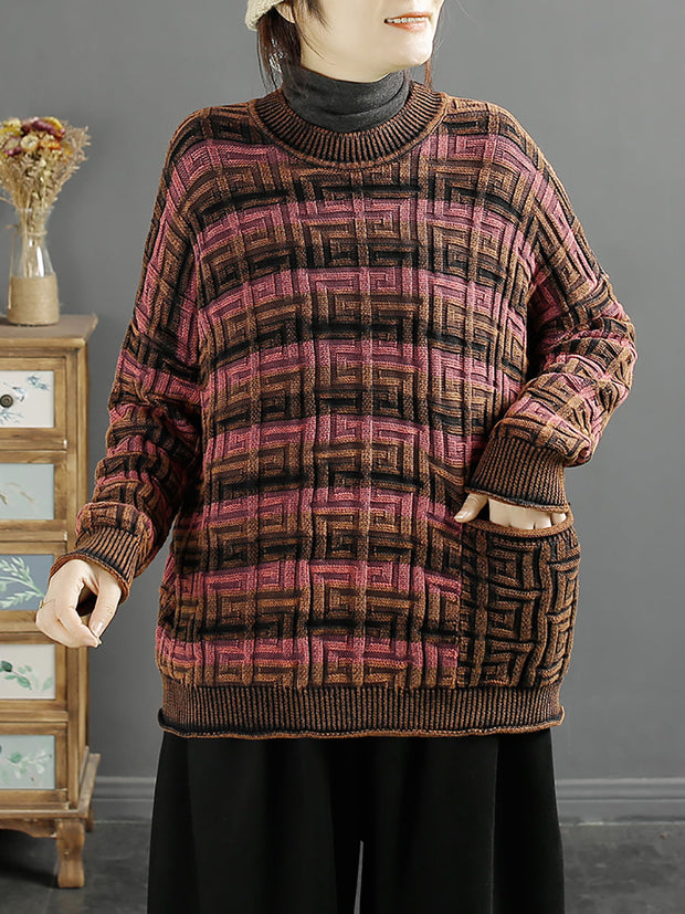 Women Winter Retro Stripe Jacquard O-Neck Sweater