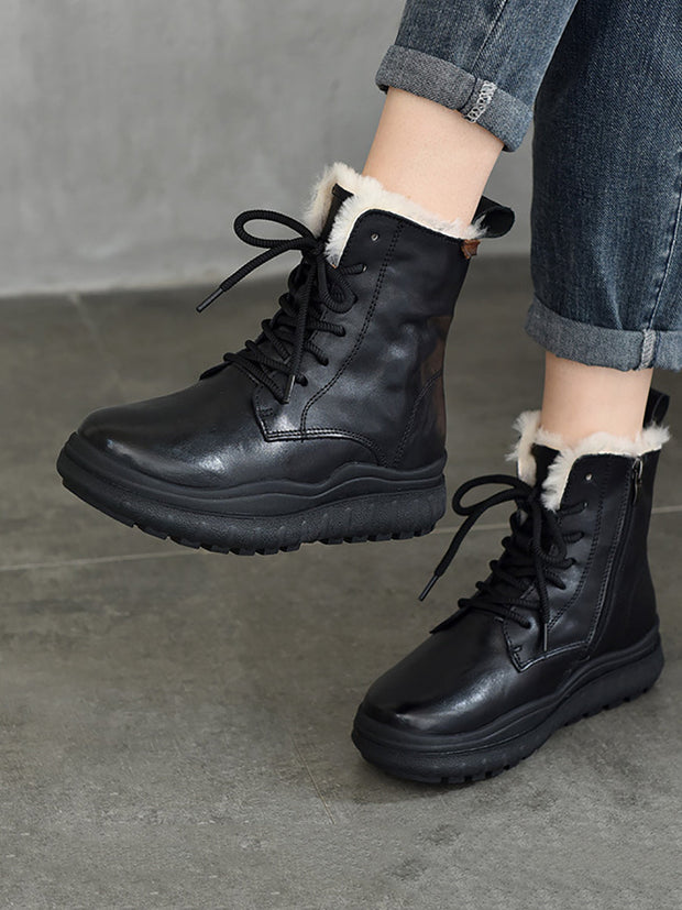 Women Retro Leather Solid Fleece-lined Platfrom Boots