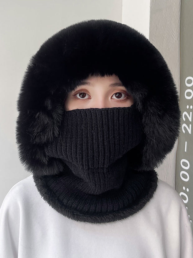 Women Winter Plush Spliced Knitted Scarf Hat