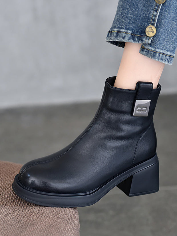 Women Winter Genuine Leather Chunky Heel Boots