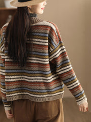 Women Vintage Colorful Stripe Jacqaurd Wool Sweater Coat