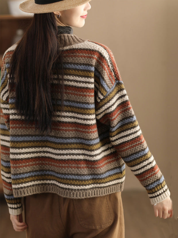 Women Vintage Colorful Stripe Jacqaurd Wool Sweater Coat