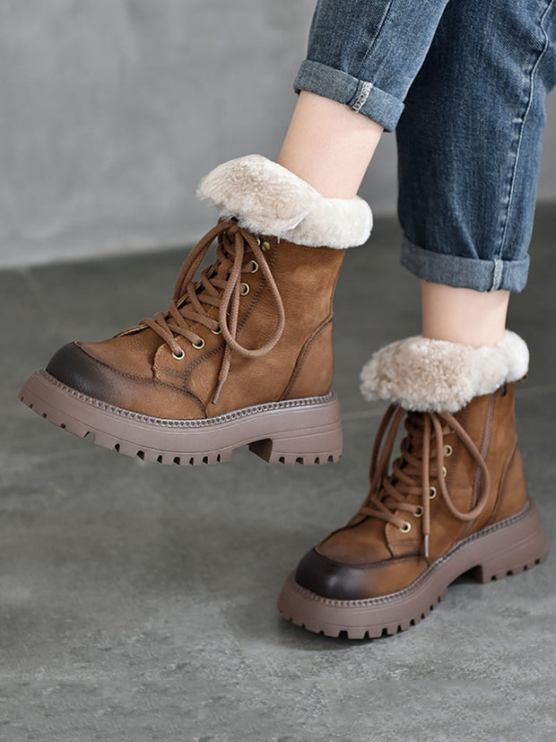 Women Vintage Leather Fleece-lined Platform Boots