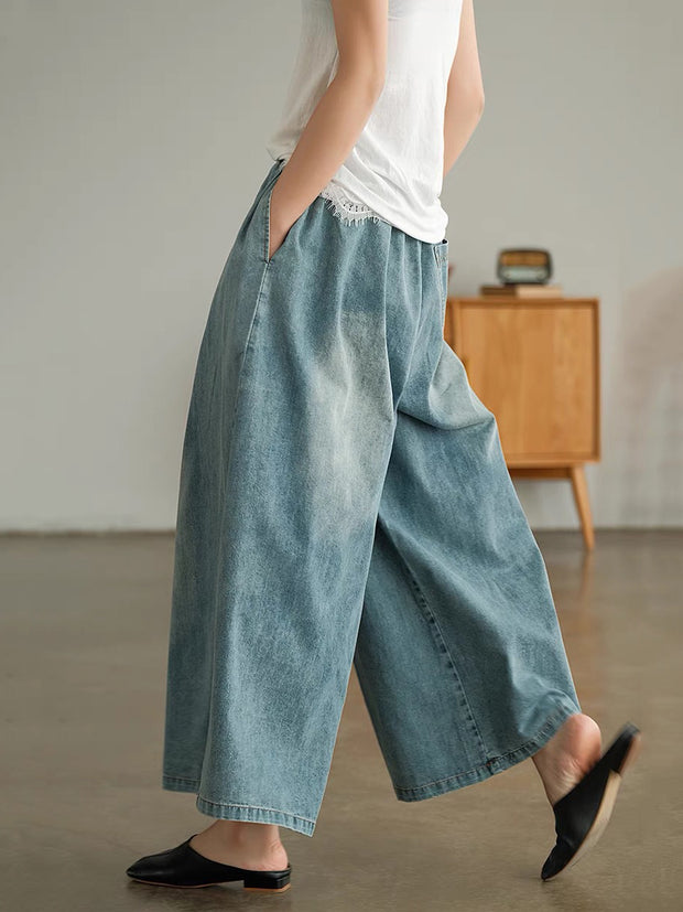 Women Casual Worn Solid Soft Wide-leg Denim Pants