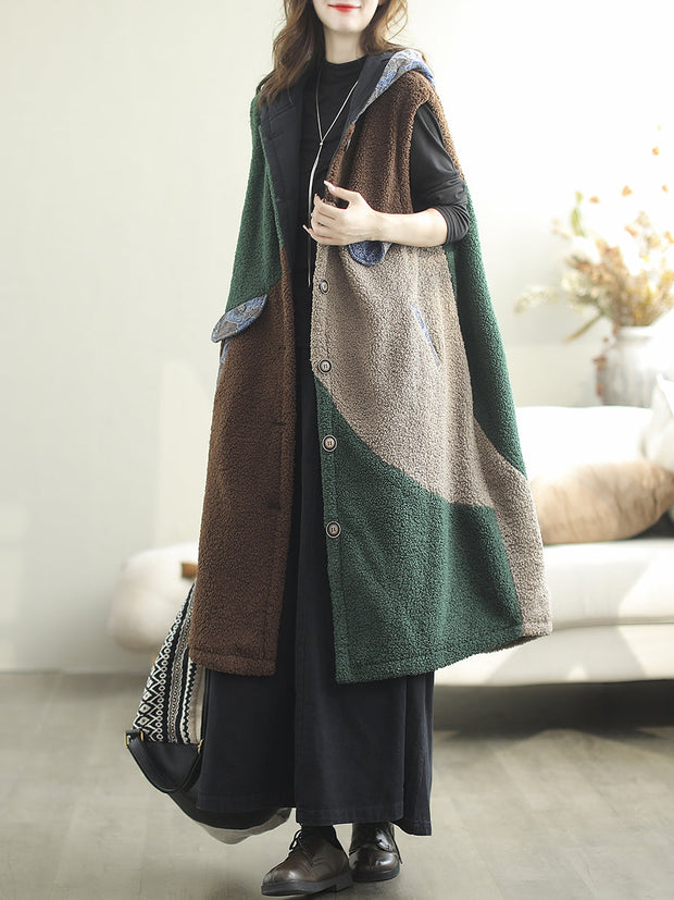Women Autumn Casual Colorblock Hooded Vest Coat