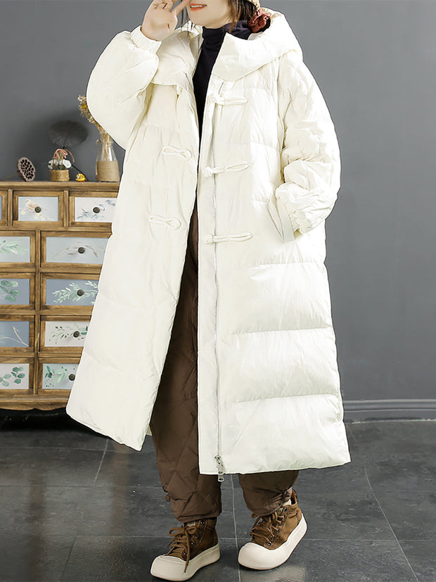 Women Vintage Solid Buckle Long Hooded Down Coat