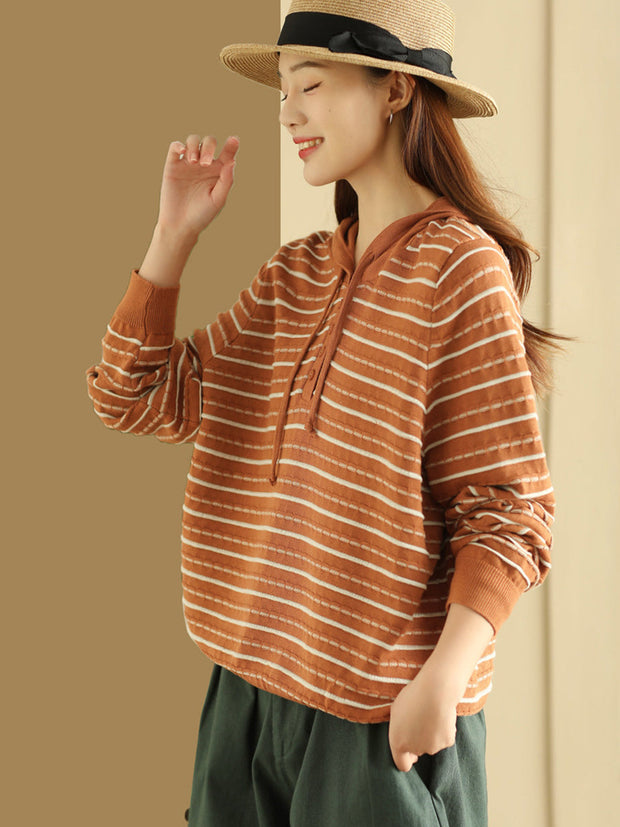 Women Casual Stripe Loose Warm Hooded Sweater
